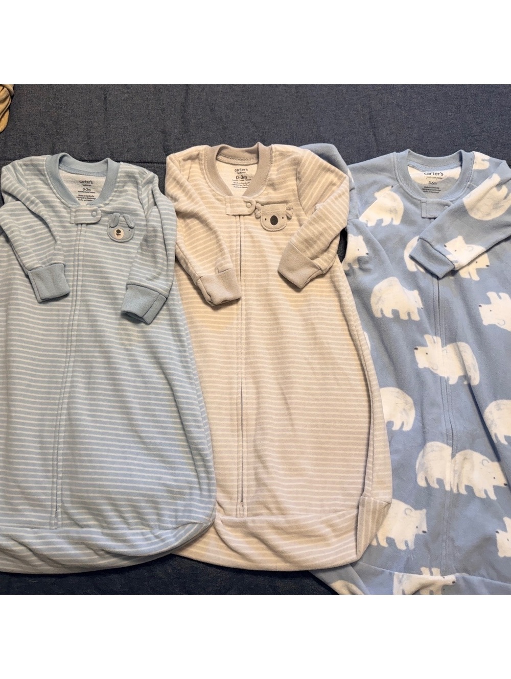 Carter’s Baby Sleeper Gowns Lot of 3 Boy 0-3M & 3-6M Zip-Up Elephant Striped